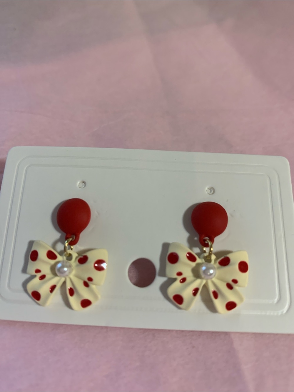 Playful Cream Bow Drop Earrings with Red Polka Dots